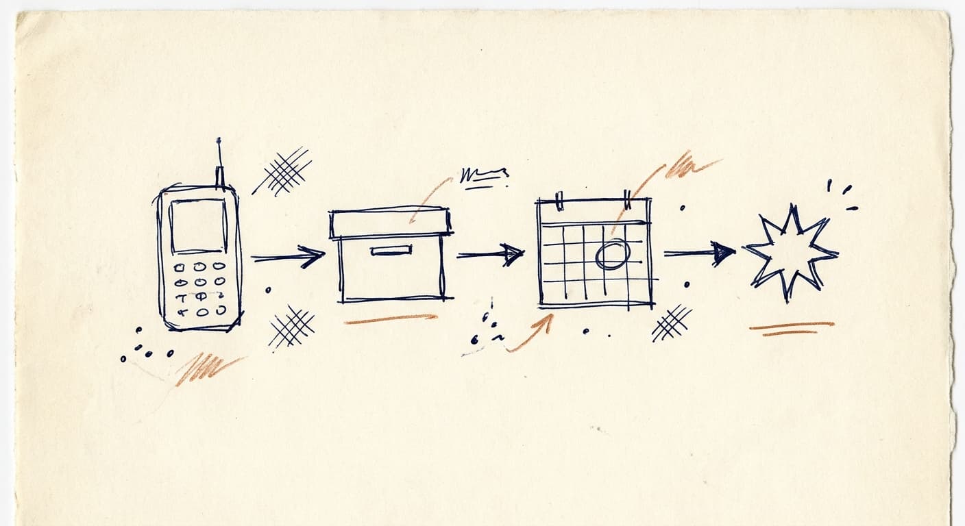 A hand-drawn lead flow from a phone call to an inbox, calendar, and completed job